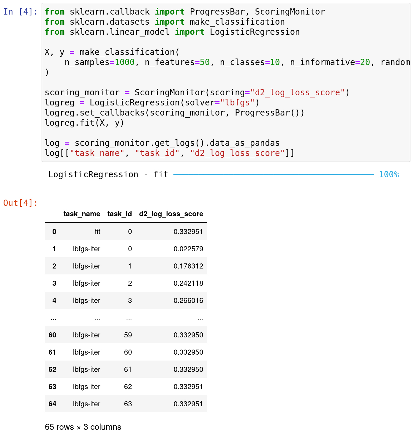 The logging and progress-bar callbacks in a notebook