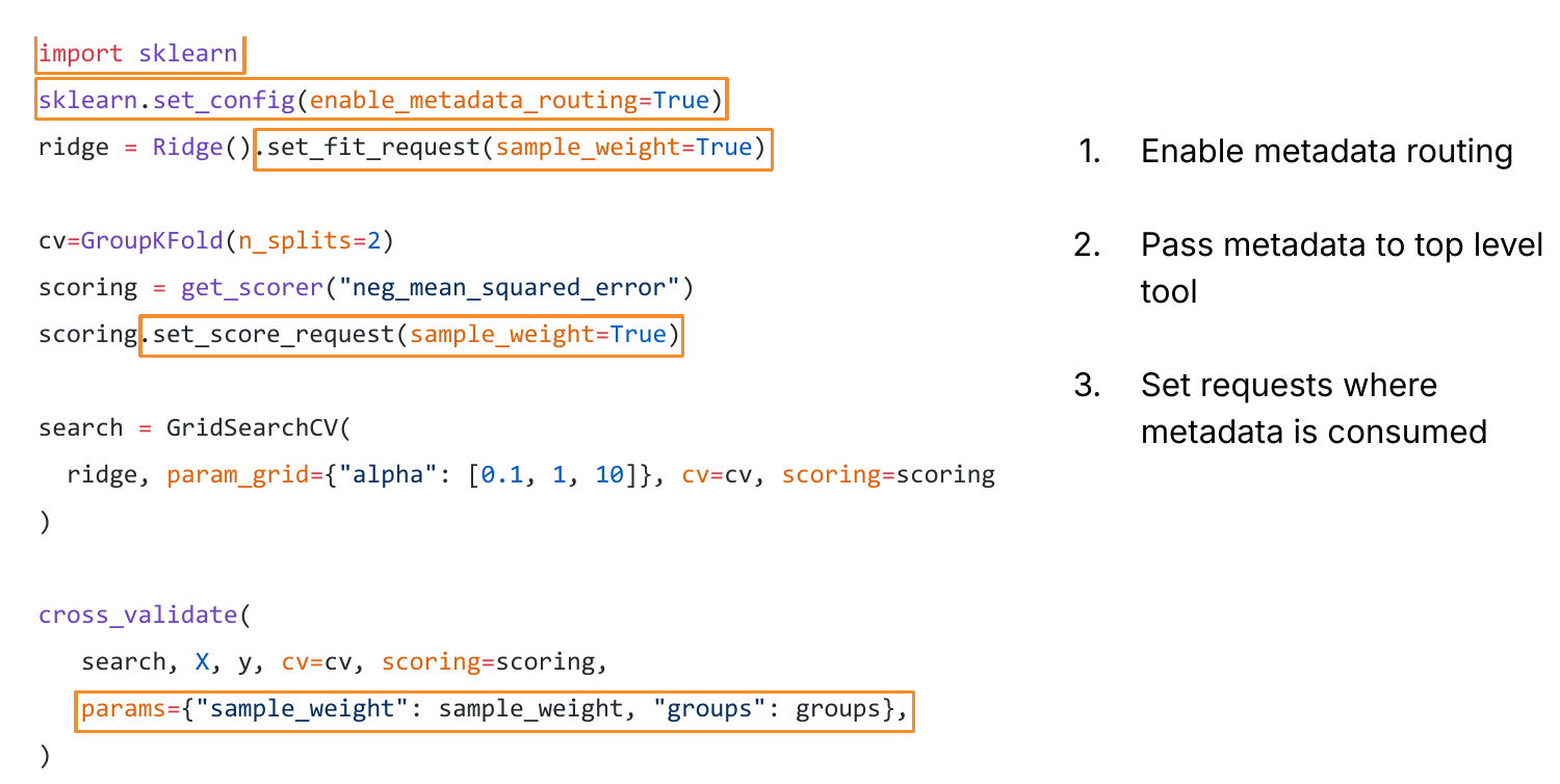 Slide showing the three routing steps: enable metadata routing, pass metadata at the
top level, and set requests where metadata is
consumed